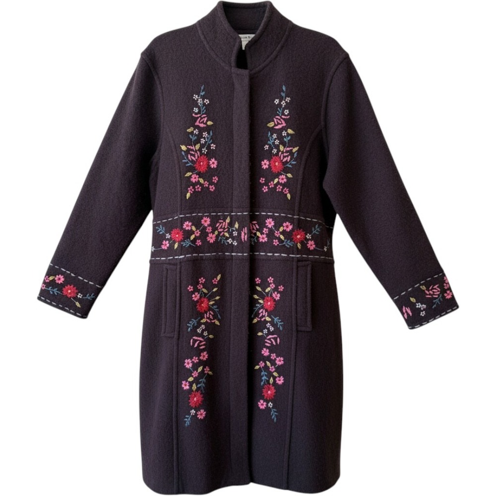Alexander Bartlett 100% Wool Embroidered Floral Long Coat Women L Boho Brown